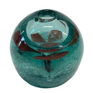 Handblown Turquoise Glass Vase With Embedded Red Flower Design